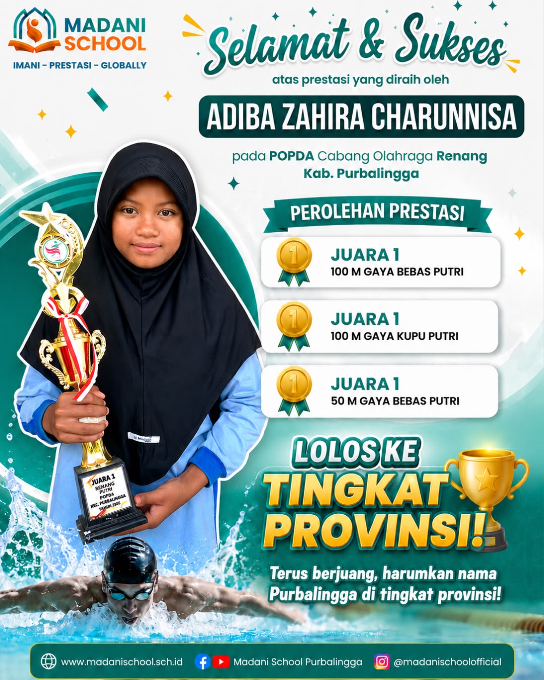 Borong Tiga Medali Emas, Siswi Madani School Adiba Zahira Lolos ke Popda Tingkat Provinsi Jawa Tengah